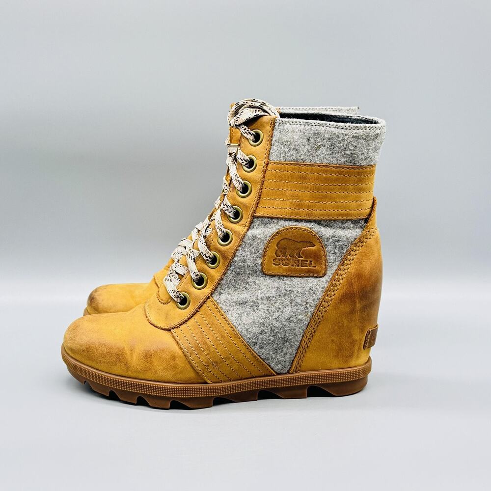 Sorel Boots Womens 7.5 Brown Gray Leather Lexie Lace Up Wedge Round Toe Booties - Picture 5 of 13
